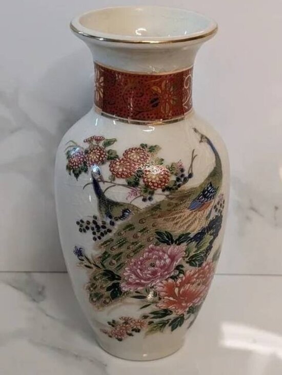 Other - Vintage Satsuma Porcelain Vase Peacock & Floral Gilt Trim